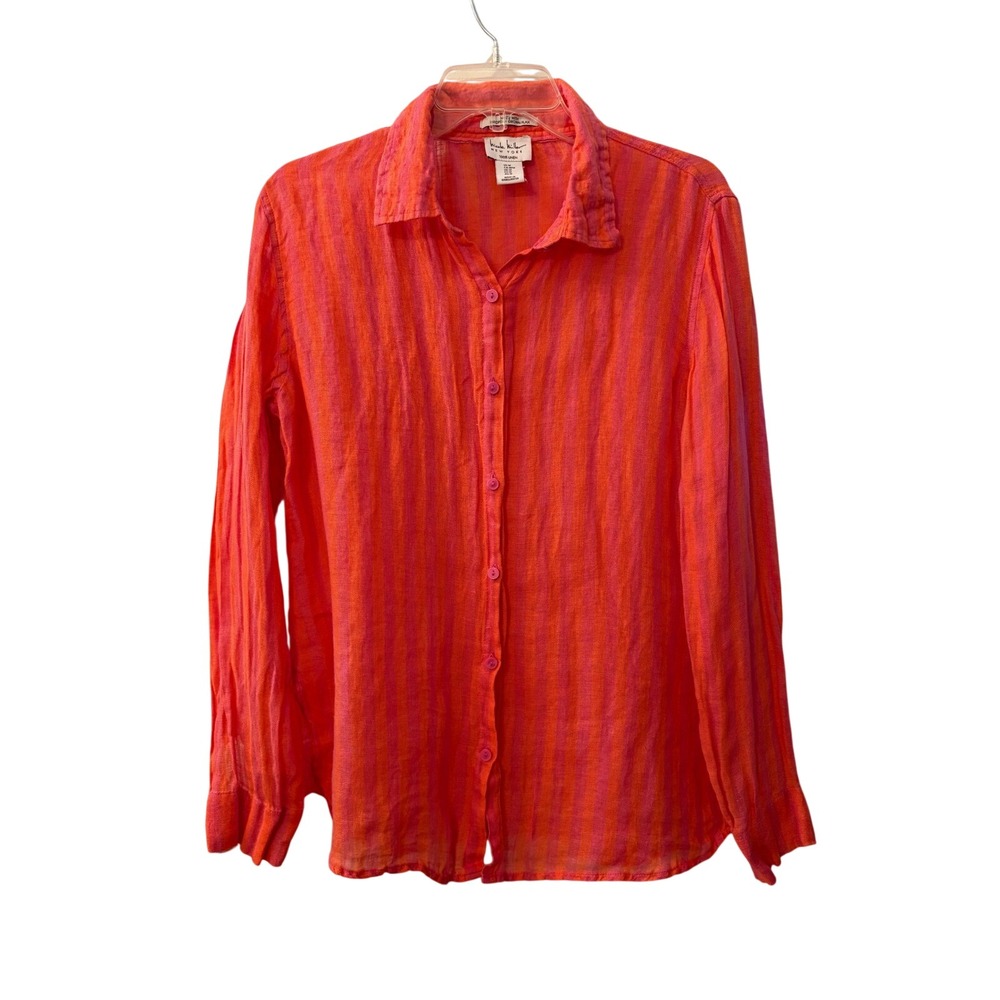 Nicole Miller New York Linen Striped Button Down Shirt Orange Pink Womens Medium